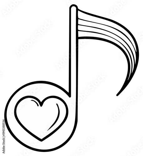 Musical Note with a Heart Symbol, Black and White, Music and Love Concept