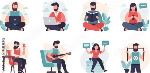 Diverse individuals engaged in various leisure and work activities in a minimalist style