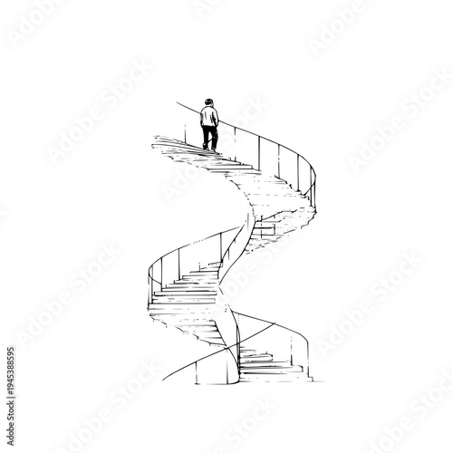 Man Standing on Spiral Staircase with Railing Isolated on White