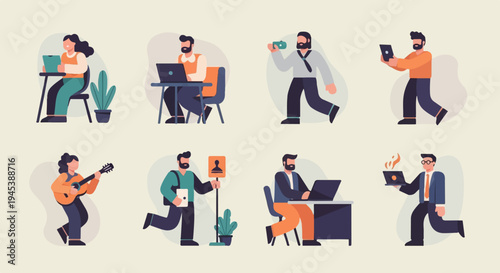 Diverse individuals engaged in various activities like working, playing music, and using technology