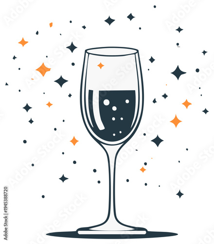 Festive champagne glass with bubbles and sparkling stars vector for a holiday celebration