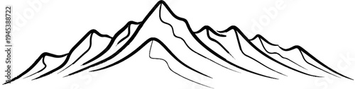 Stylized black ink drawing of a mountain range with varying peaks