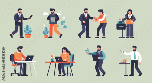 Diverse individuals engaged in various office and technology-related activities