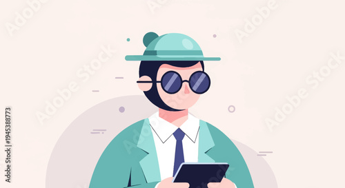 Stylized figure in teal suit and hat holds tablet, wearing round glasses