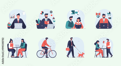 Diverse people engaged in various professional and leisure activities in a modern flat style