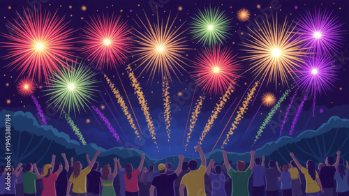 Vibrant fireworks display illuminates night sky as joyful crowd cheers celebrates with raised arms in excitement and wonder