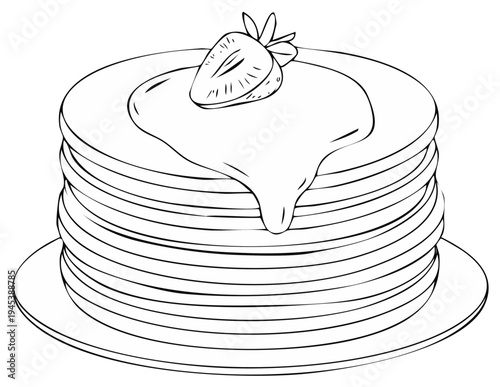 Black and white line art illustration of a tall stack of pancakes with syrup and a strawberry on top