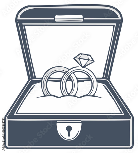 Open Ring Box Featuring a Pair of Wedding Bands and a Diamond Ring Engagement Concept Design