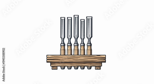 Five chisels with wooden handles stand in a wooden rack