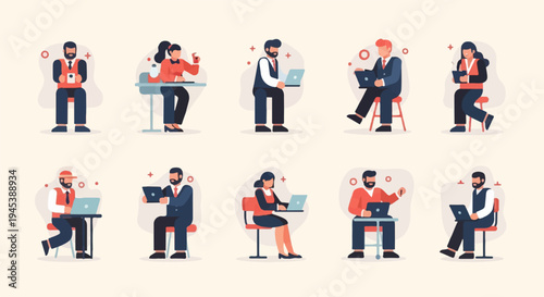 Flat design characters working on laptops and tablets, diverse professionals