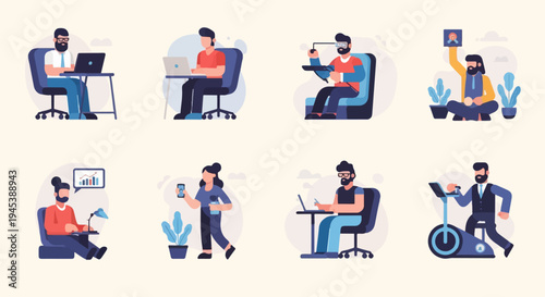 Diverse individuals engaging in various work-related and leisure activities