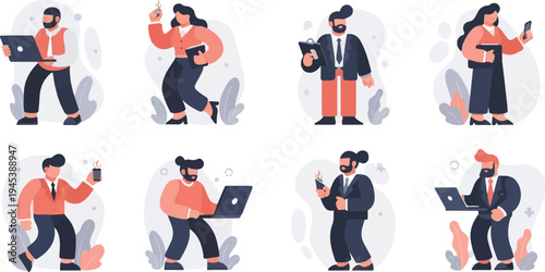 Diverse individuals engaged in work, holding coffee and devices