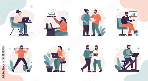 Diverse individuals engage in various work, exercise, and social activities