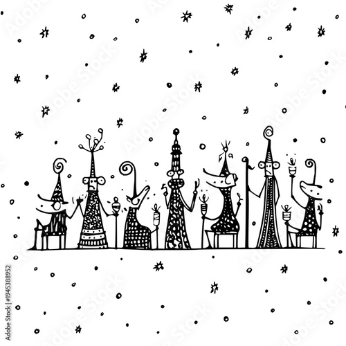 People in costumes celebrating on snowy night