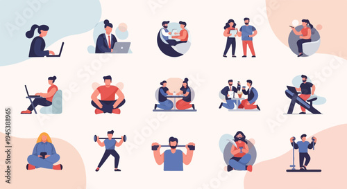 Diverse individuals engaged in work, fitness, and social activities in a clean style