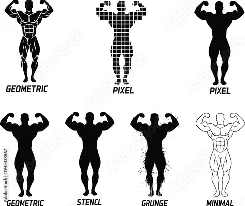 Bodybuilder silhouette flexing arms in geometric, pixel, stencil, grunge, minimal artistic styles, fitness strength design illustration, vector