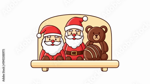 Cartoon Santas and teddy bear with chocolate on shelf