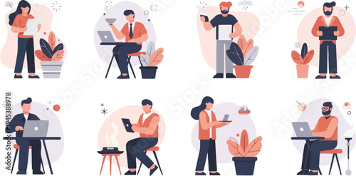 Diverse individuals engaged in work and leisure activities indoors and outdoors