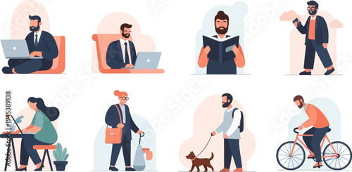 Diverse individuals engaged in various daily activities, from work to leisure