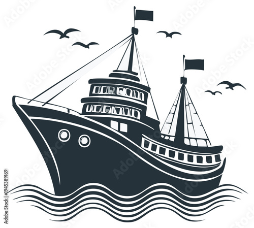 Fishing boat sailing on choppy ocean water with seagulls flying overhead vector illustration