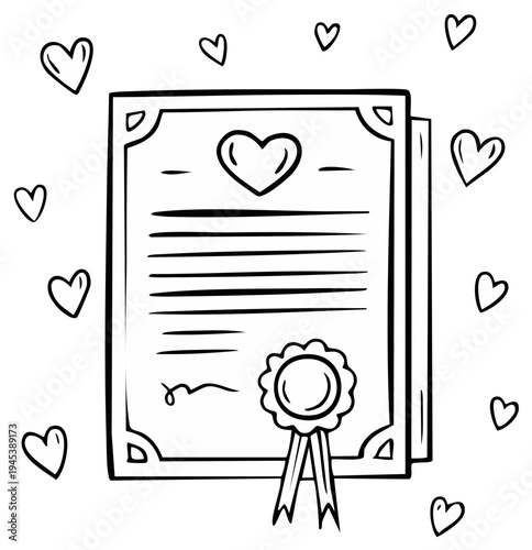 Doodle drawing of a document with hearts and a seal, certificate