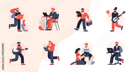 Diverse individuals engaged in various activities, from work to leisure, depicted in flat design