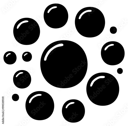 Dynamic Arrangement of Glossy Black Circles of Varying Sizes on a White Backdrop