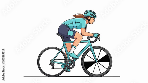 A stylized female cyclist in a teal racing suit speeds on a bicycle