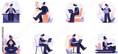 Diverse individuals engage in various activities, from office work to relaxation