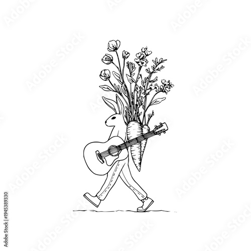 Rabbit Carrying Guitar and Flowers Walking