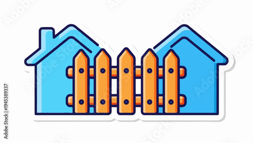 Stylized blue houses separated by a picket fence with a white border
