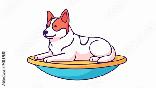 A stylized dog rests on a colorful, round, bouncy object