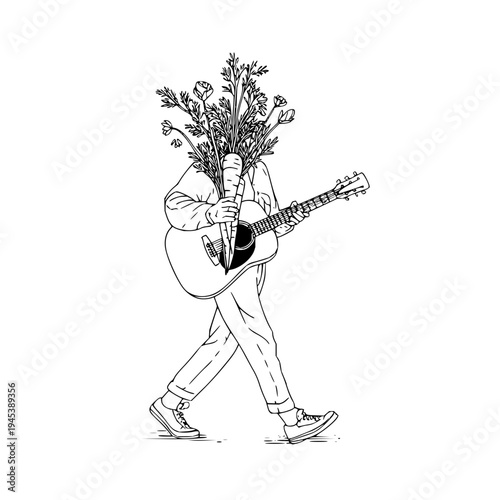 Man with Flowers for Head Playing Guitar