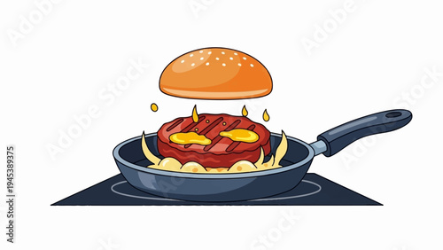 A stylized burger patty sizzles in a pan with melted cheese and dripping sauce