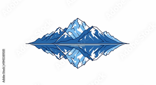 Stylized blue mountains reflected in calm water, creating symmetry