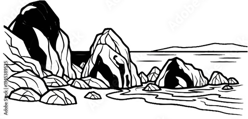 Stylized ink drawing of a rocky coastline with the sea and distant hills