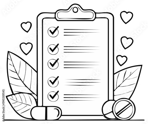 Checklist with pills and leaves, healthcare and medical concept illustration