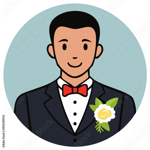 Man in Tuxedo with Red Bow Tie and Boutonniere Flat Icon Illustration