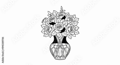 Black and white line drawing of a bouquet of roses in a patterned vase