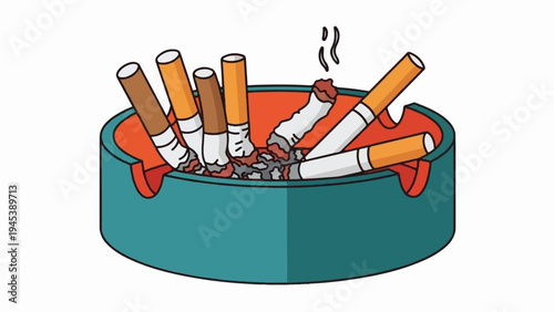Ashtray filled with several used and lit cigarettes, emitting smoke