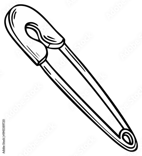 Hand-drawn outline illustration of a simple metal safety pin object on a plain background