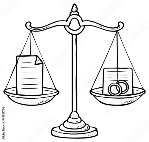 Illustrated scales of justice showing legal documents and wedding rings representing marriage law and equity