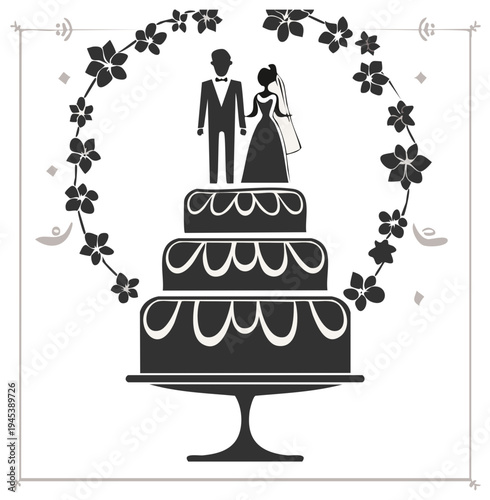 Elegant silhouette wedding cake with bride and groom topper surrounded by floral wreath