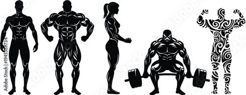 Bodybuilding silhouettes of muscular athletes flexing, squatting, barbell lifting, artistic fitness strength vector design illustration