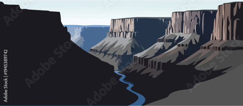 A stylized, low-resolution depiction of a deep canyon with a winding river