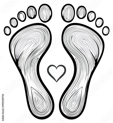 Stylized human bare footprints with intricate line texture and a loving heart symbol in a clean monochrome illustration.