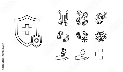 Antibacterial immunity outline icons medical protection vector set