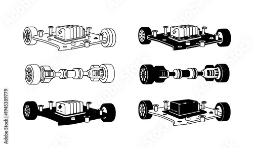 Electric car architecture chassis icons line and solid vector set