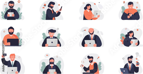 Diverse people using laptops and tablets in a modern flat style