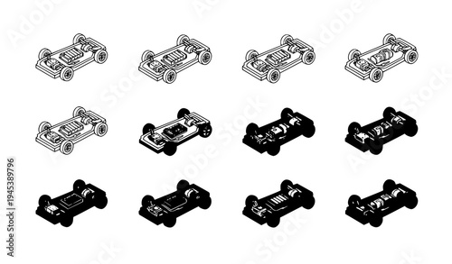 Foto Electric vehicle chassis EV car platform line and solid icon set vector